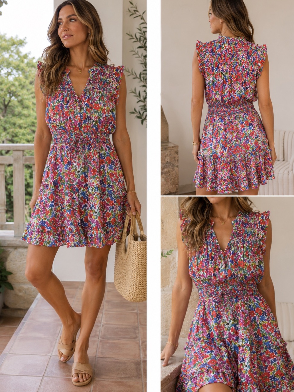 Derhy Pink Multi Floral Smocked Mini Dress Flutter Sleeve Boho Size Medium